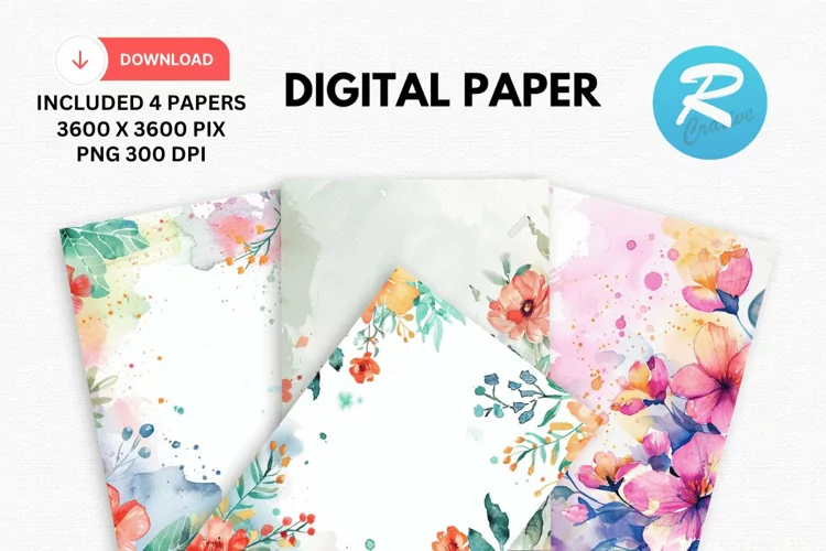 Watercolor Floral Digital Paper, Watercolor Background