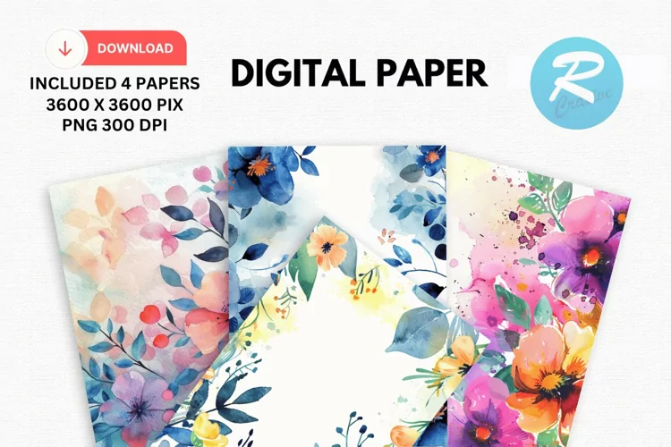 Watercolor Floral Digital Paper, Watercolor Background