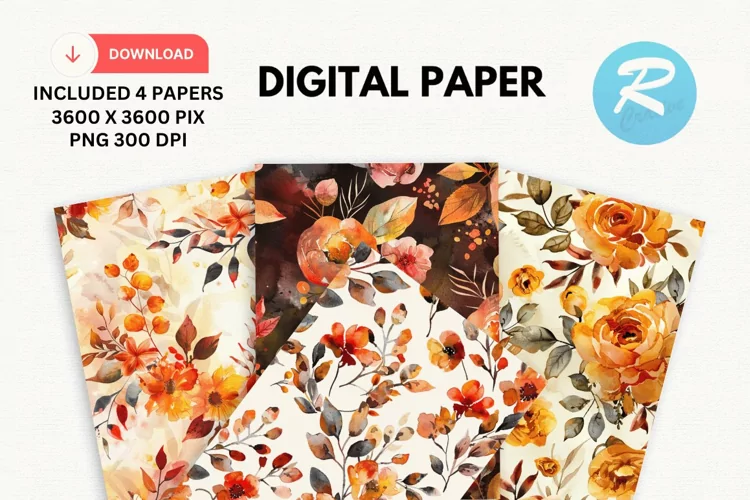 Watercolor Floral Digital Paper, Floral Background