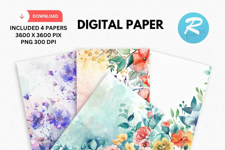 Watercolor Floral Digital Paper, Watercolor Background