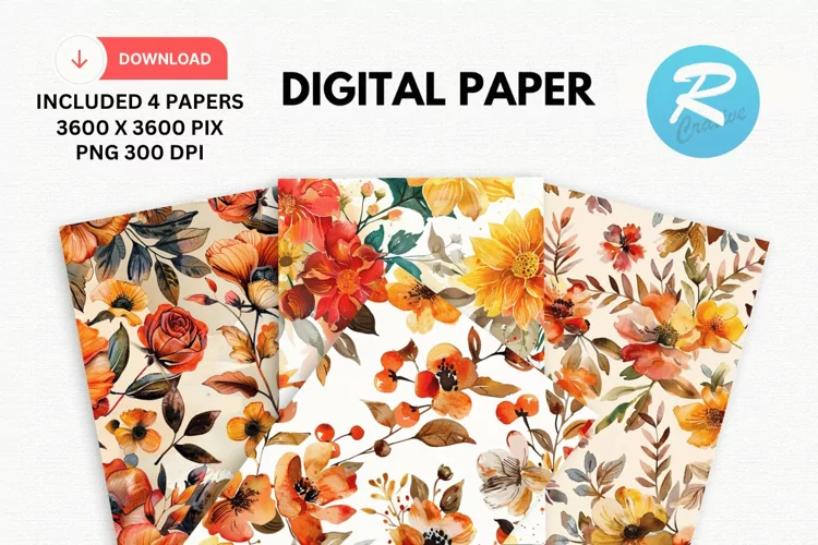 Watercolor Floral Digital Paper, Floral Background
