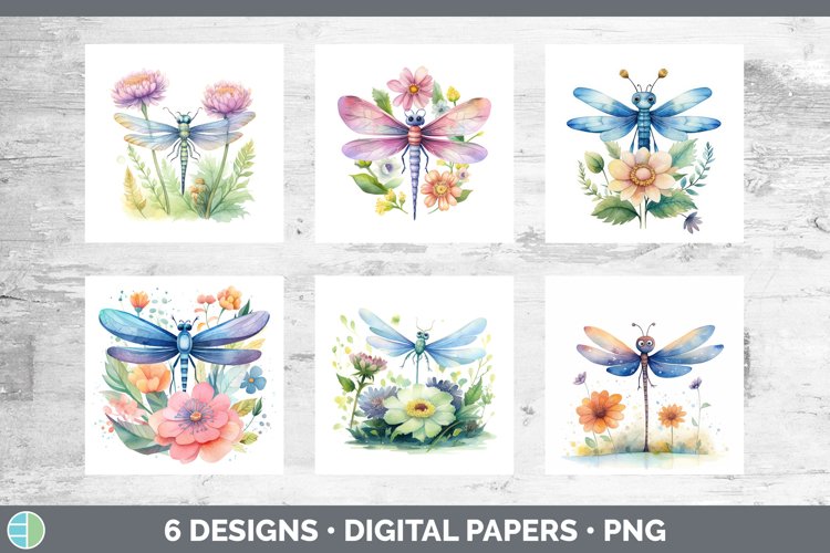 Bundle of six Watercolor Flower Dragonflies Paper Backgrounds designs.