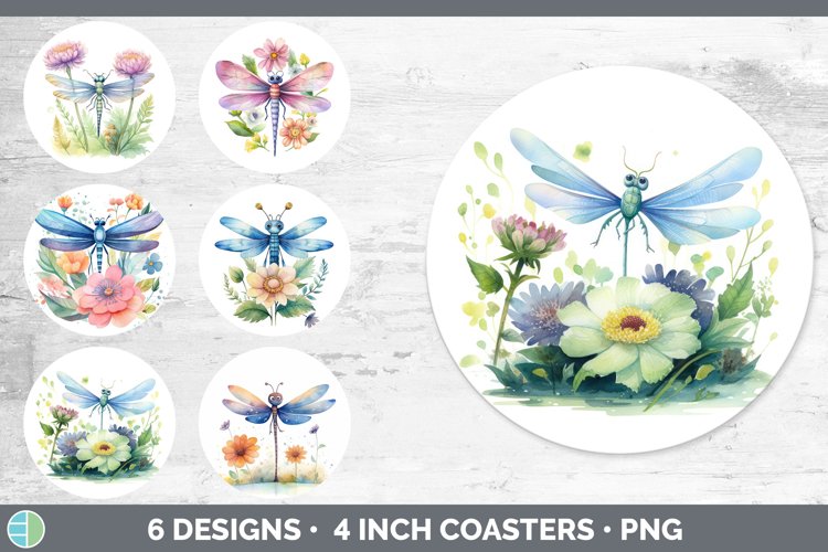 Bundle of six Watercolor Flower Dragonflies Round Coaster designs.