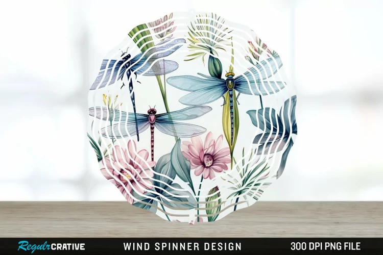 Watercolor Floral Dragonflies Wind Spinner Sublimation PNG