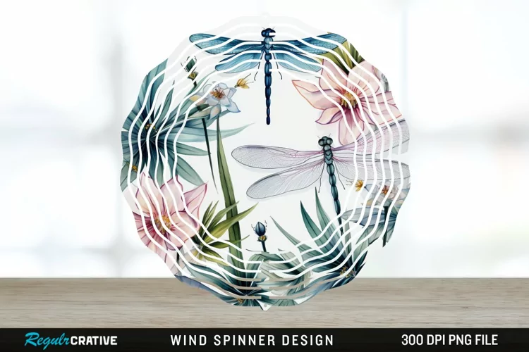 Watercolor Floral Dragonflies Wind Spinner Sublimation PNG