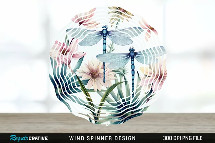 Watercolor Floral Dragonflies Wind Spinner Sublimation PNG
