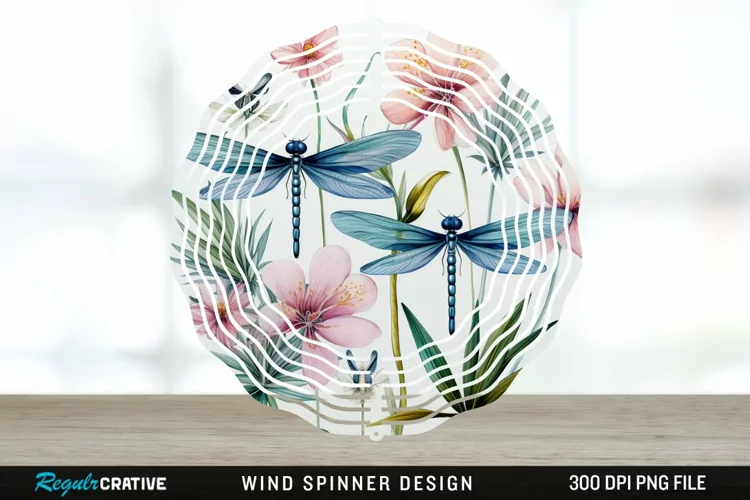 Watercolor Floral Dragonflies Wind Spinner Sublimation PNG
