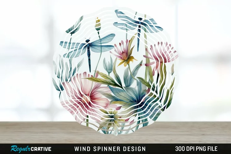Watercolor Floral Dragonflies Wind Spinner Sublimation PNG