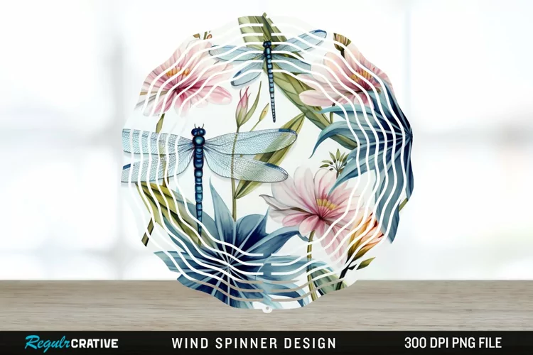 Watercolor Floral Dragonflies Wind Spinner Sublimation PNG