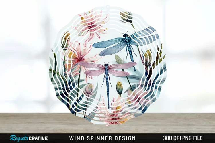 Watercolor Floral Dragonflies Wind Spinner Sublimation PNG