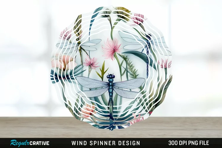 Watercolor Floral Dragonflies Wind Spinner Sublimation PNG
