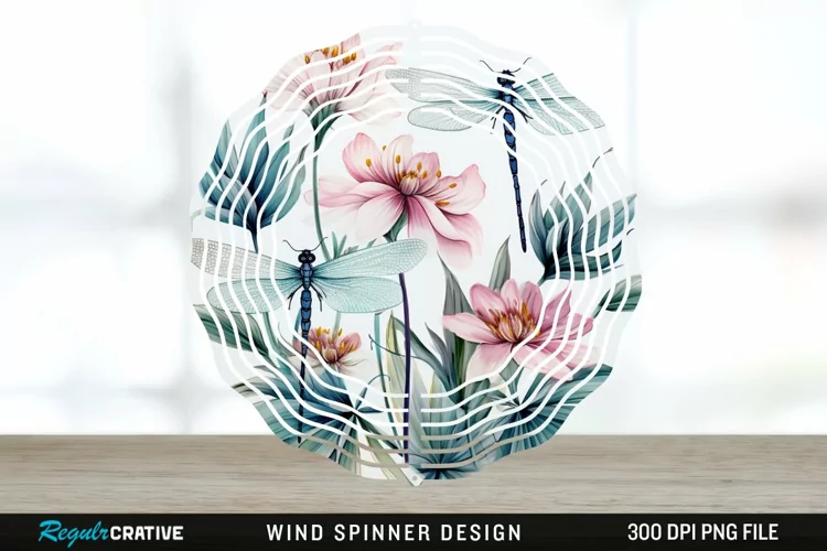 Watercolor Floral Dragonflies Wind Spinner Sublimation PNG