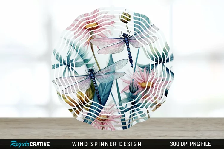 Watercolor Floral Dragonflies Wind Spinner Sublimation PNG