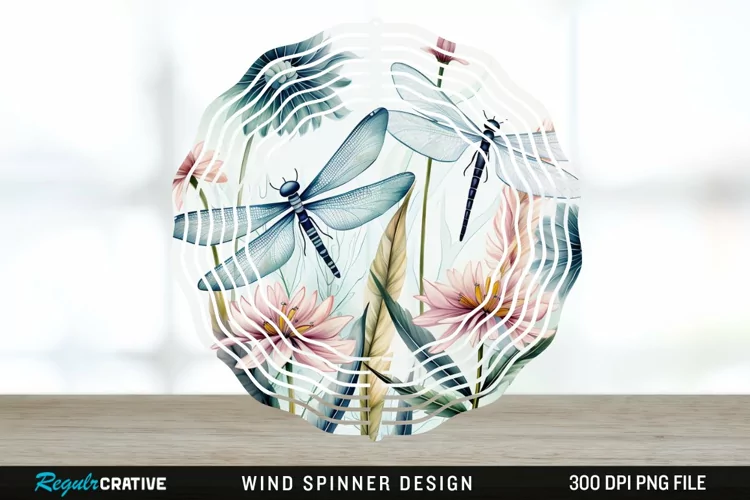 Watercolor Floral Dragonflies Wind Spinner Sublimation PNG