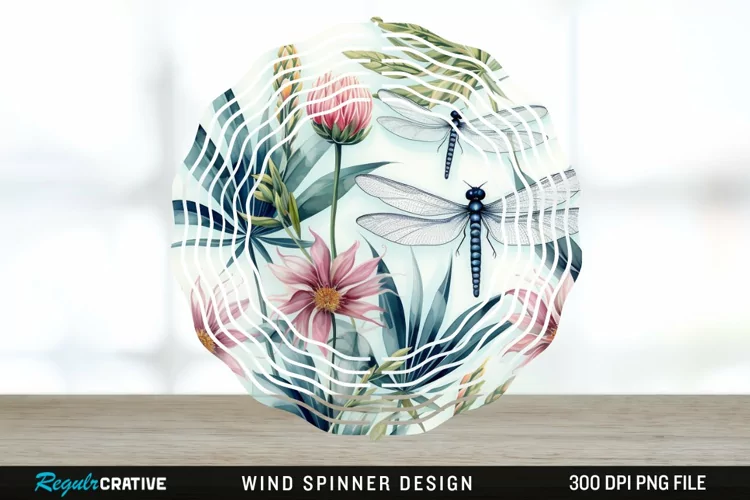 Watercolor Floral Dragonflies Wind Spinner Sublimation PNG