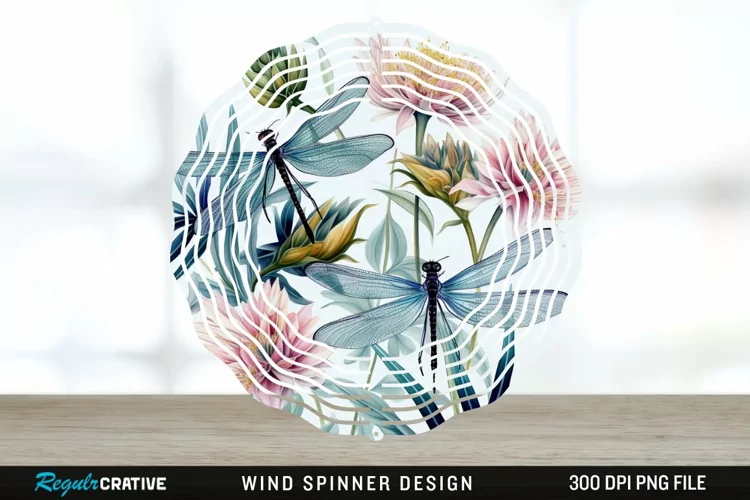 Watercolor Floral Dragonflies Wind Spinner Sublimation PNG