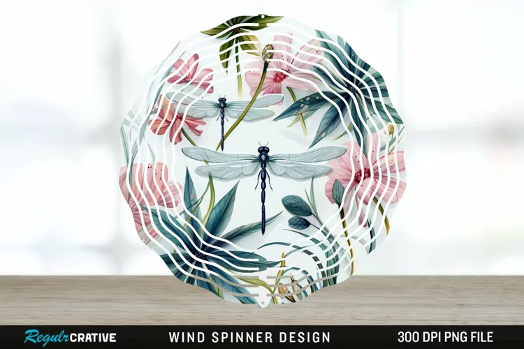 Watercolor Floral Dragonflies Wind Spinner Sublimation PNG