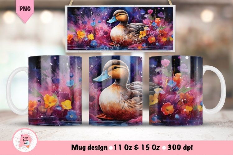 Watercolor Floral Duck Mug Wrap For 11 oz and 15 oz