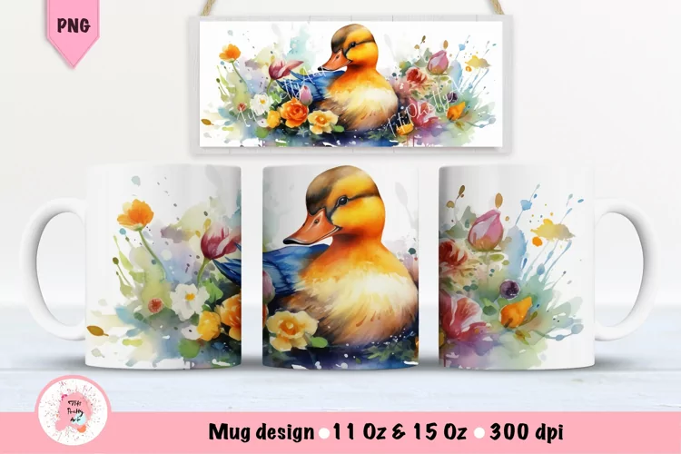 Watercolor Floral Duck Mug Wrap For 11 oz and 15 oz