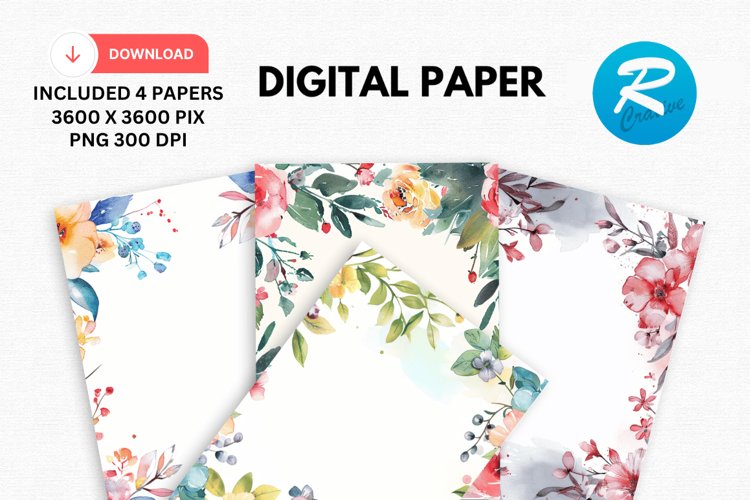 Watercolor Floral Frame Digital Paper, Floral Background