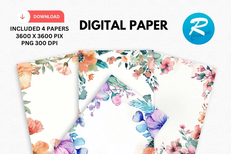 Watercolor Floral Frame Digital Paper, Floral Background