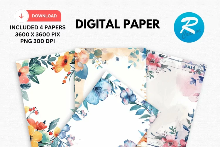 Watercolor Floral Frame Digital Paper, Floral Background