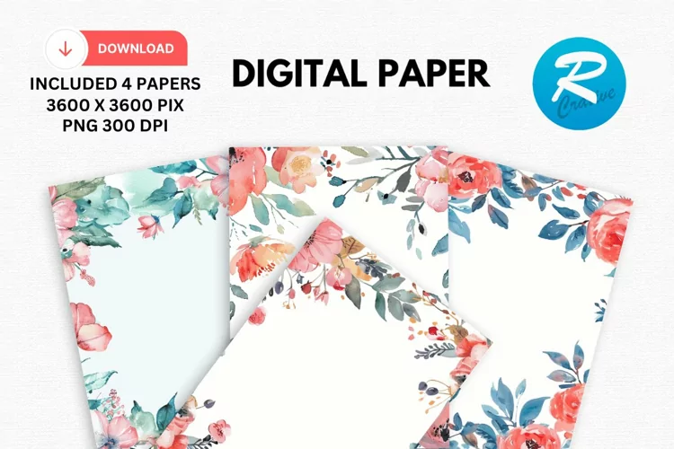 Watercolor Floral Frame Digital Paper, Floral Background