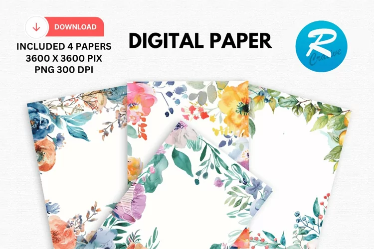 Watercolor Floral Frame Digital Paper, Floral Background