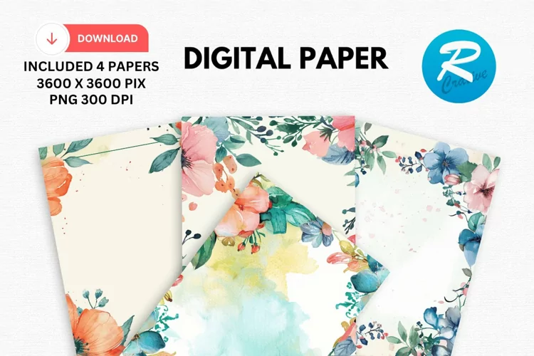 Watercolor Floral Frame Digital Paper, Floral Background
