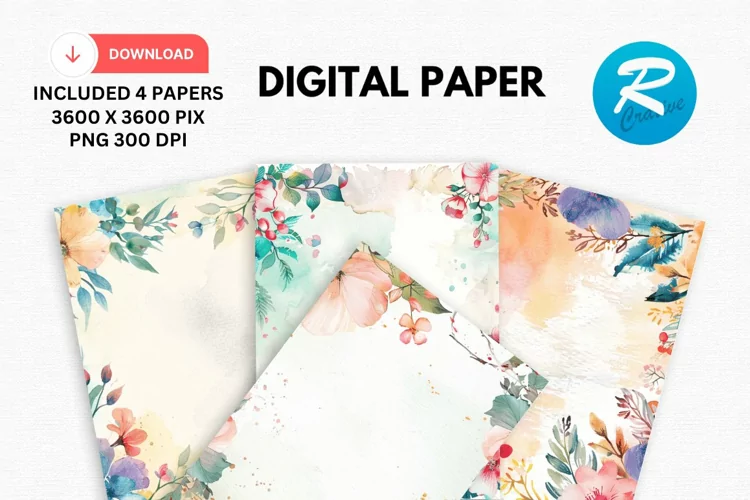 Watercolor Floral Frame Digital Paper, Floral Background