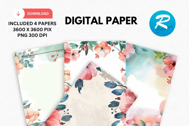 Watercolor Floral Frame Digital Paper, Floral Background