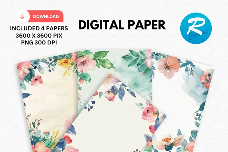 Watercolor Floral Frame Digital Paper, Floral Background