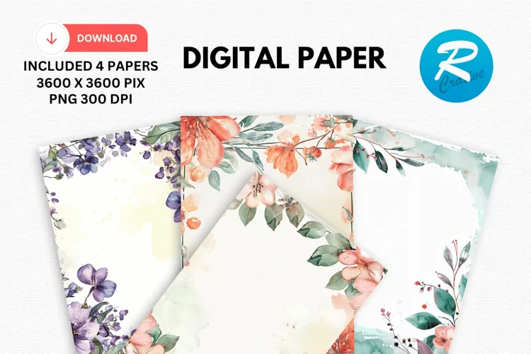 Watercolor Floral Frame Digital Paper, Floral Background