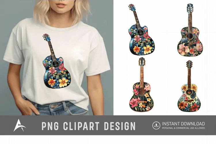 Watercolor Floral Guitar Clipart