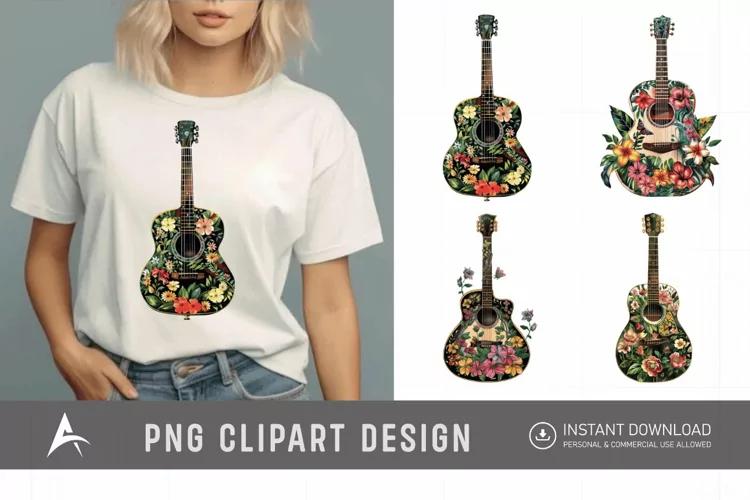 Watercolor Floral Guitar Clipart