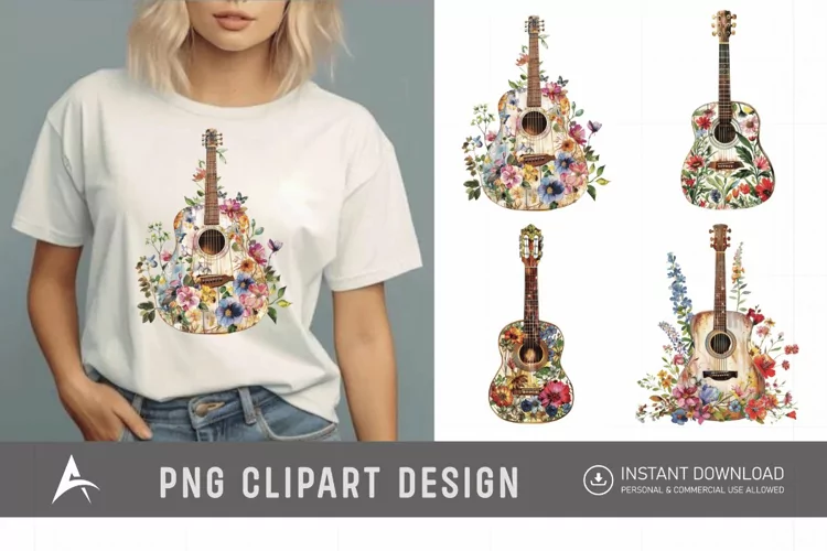 Watercolor Floral Guitar Clipart