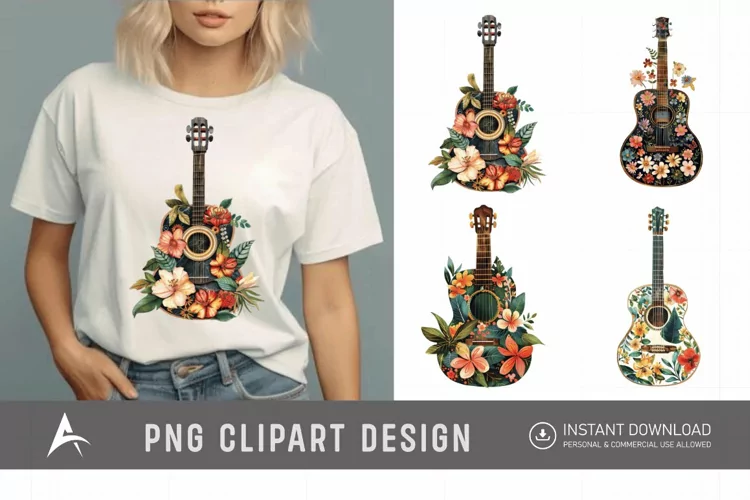 Watercolor Floral Guitar Clipart