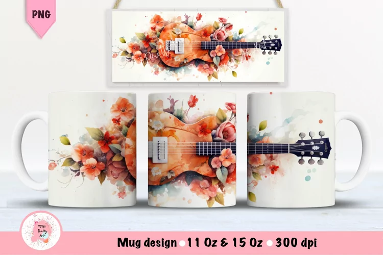 Watercolor Guitar Mug Wrap For 11 oz and 15 oz