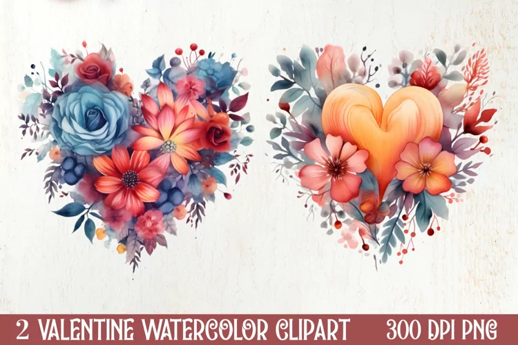 Watercolor Floral Heart Valentine Clipart, Valentines PNG