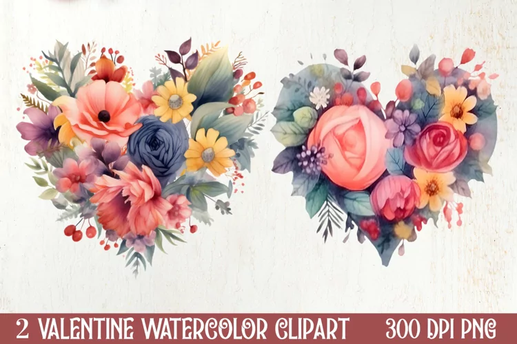 Watercolor Floral Heart Valentine Clipart, Valentines PNG