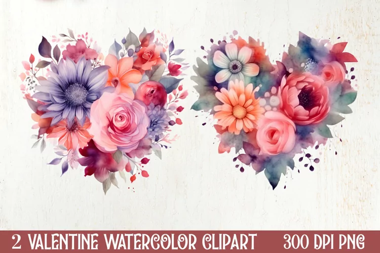 Watercolor Floral Heart Valentine Clipart, Valentines PNG