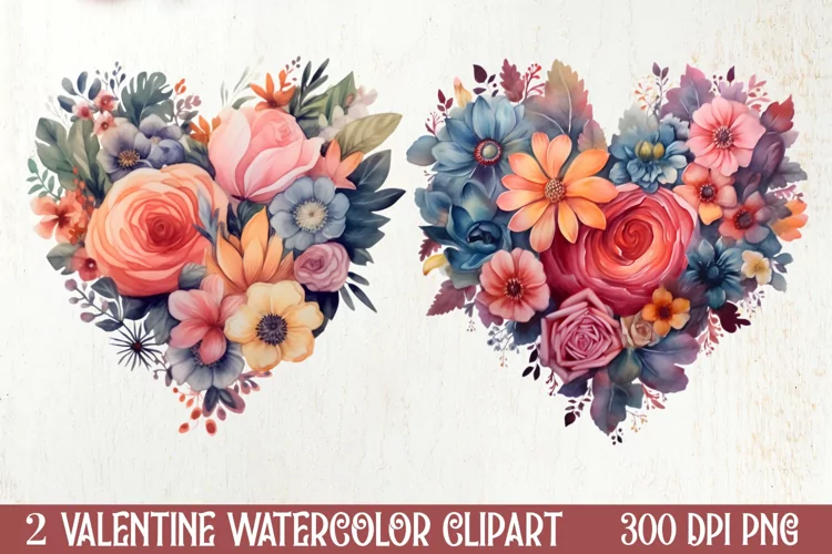 Watercolor Floral Heart Valentine Clipart, Valentines PNG