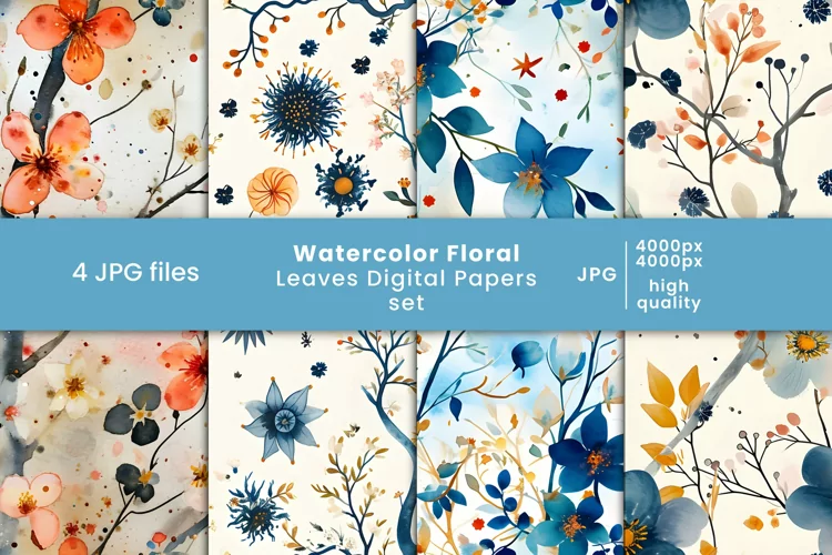 watercolor floral leaves digital paper and botanical pattern