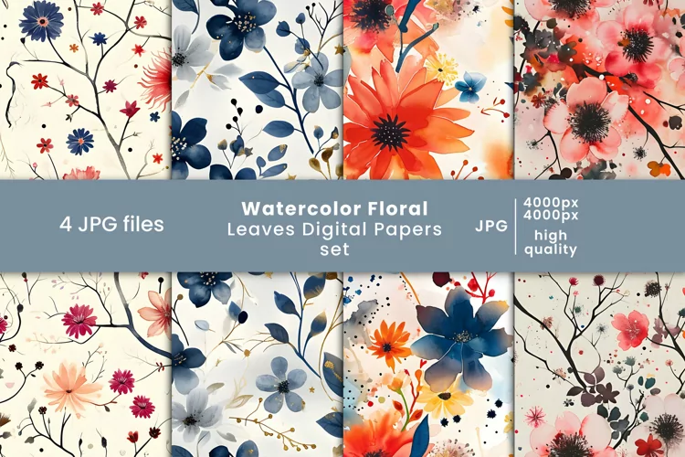 watercolor floral leaves digital paper and botanical pattern