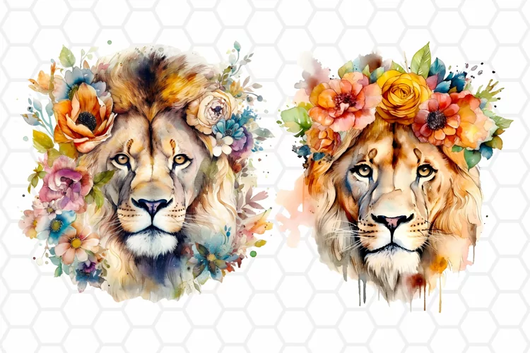 Watercolor Floral Lion Cliparts, Sublimation PNG designs