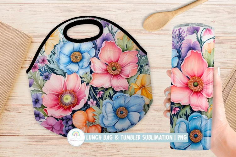 Lunch Bag Sublimation Tumbler Wrap Watercolor Floral Design