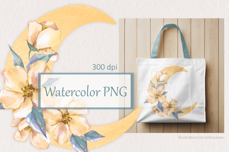 Watercolor Floral Moon PNG