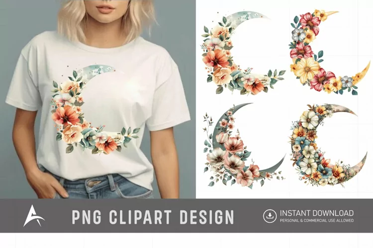 Watercolor Floral Moon Clipart