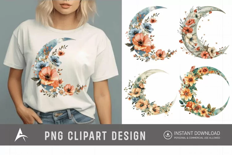 Watercolor Floral Moon Clipart