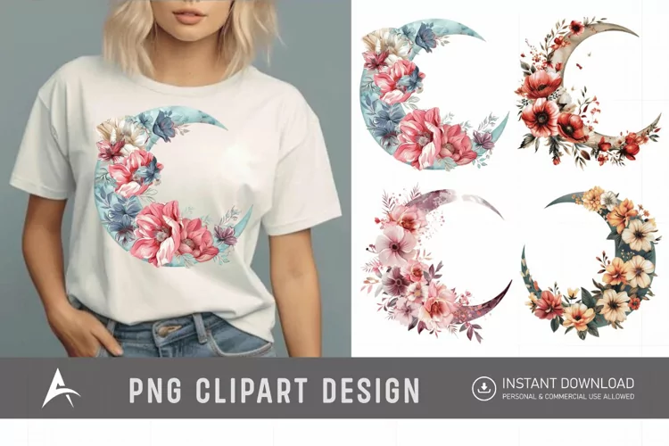 Watercolor Floral Moon Clipart